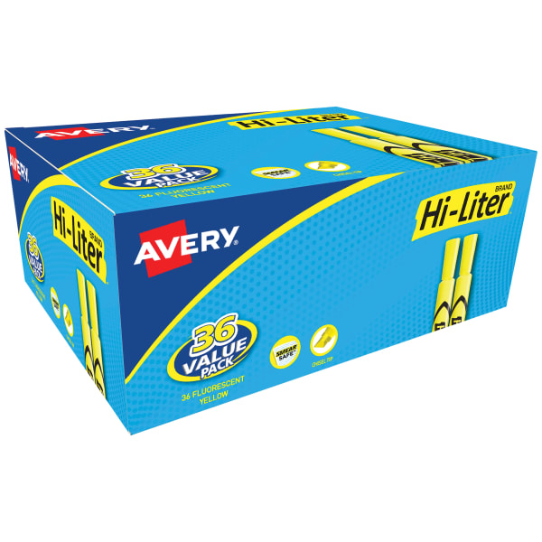 Avery Hi-Liter Desk Style Highlighters, Chisel Point, Fluorescent Yellow, Box Of 36 Highlighters