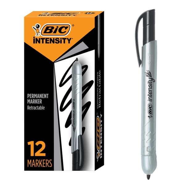 BIC Intensity Retractable Permanent Markers, Fine Point, Black, Pack Of 12 Markers