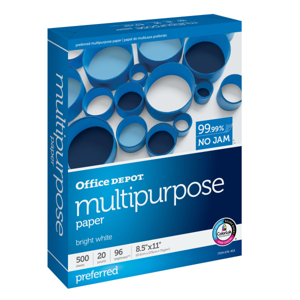 Office Depot Multi-Use Printer & Copy Paper, 1 Ream, White, Letter (8.5in x 11in), 500 Sheets Per Ream, 20 Lb, 96 Brightness
