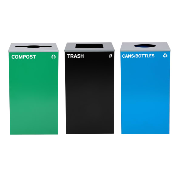 Alpine Industries Stainless-Steel Open Top Cans/Bottles Recycling, Compost And Trash Can Set With Square, Mixed And Circle Lids, 29 Gallons, 30inH x 16-15/16inW x 16-15/16inD, Black/Blue/Green, Set Of 3 Trash Cans