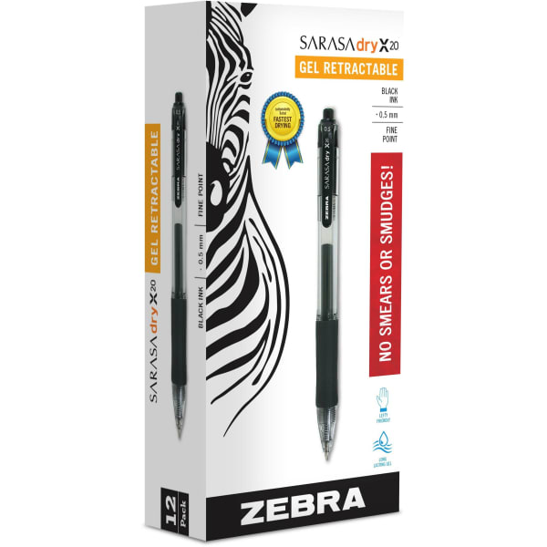 Zebra Pen SARASA X20 Retractable Gel Pens, Pack Of 12, Fine Point, 0.5 mm, Translucent Barrel, Black Ink