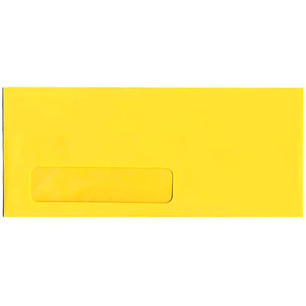 JAM Paper #10 Single-Window Booklet Envelopes, Bottom Left Window, Gummed Seal, 30% Recycled, Brite Hue Yellow, Pack Of 25
