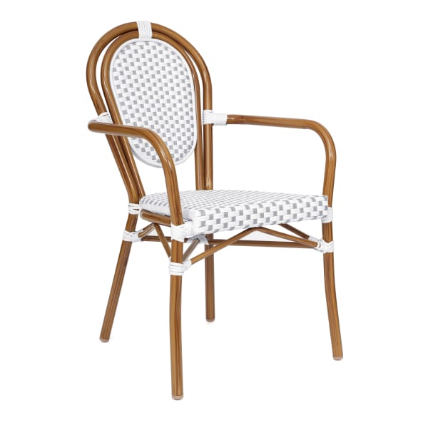 Flash Furniture Lourdes Indoor/Outdoor Commercial Thonet Bistro Stacking Chair with Arms, PE Rattan and Aluminum Frame, White & Gray/Natural Frame