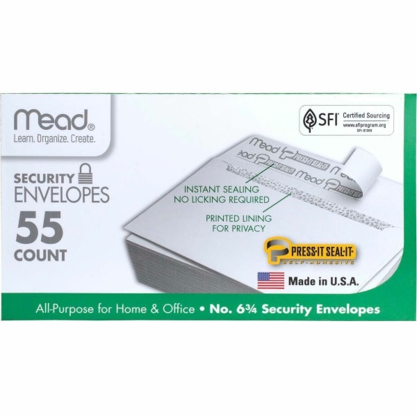 Mead Press-it No. 6 Security Envelopes - Security - #6 3/4 - Peel & Seal - White - 55 / Box