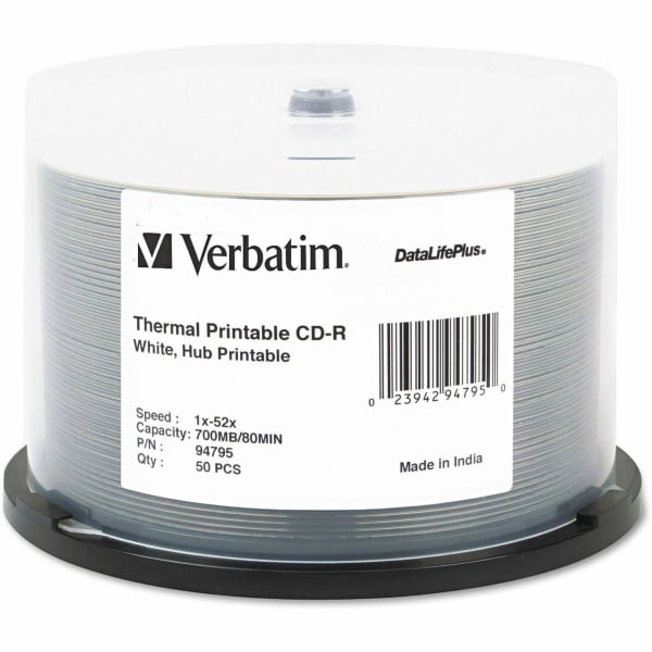 Verbatim DataLifePlus 700MB 52x Printable CD-R Discs, White, Pack Of 50 Discs, 94755