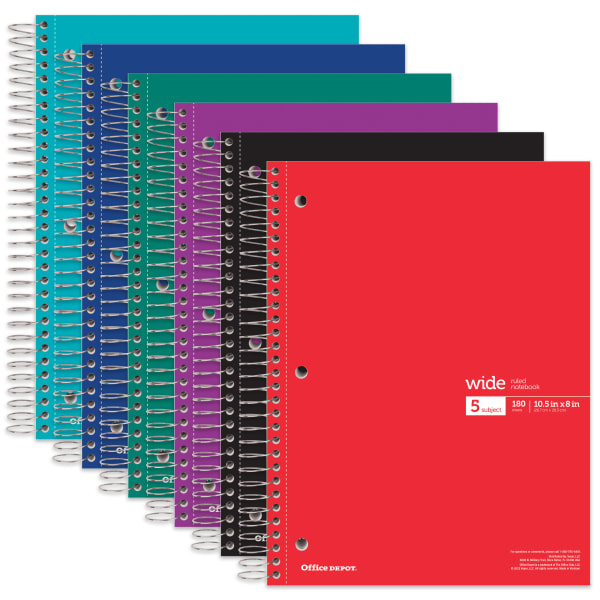 Office Depot Wirebound Notebooks, 8in x 10-1/2in, 5 Subjects, Wide Ruled, 180 Sheets, Assorted Colors, Pack Of 6 Notebooks