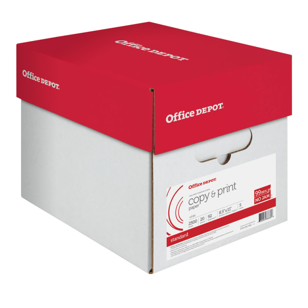 Office Depot Multi-Use Printer & Copy Paper, 5 Reams, White, Letter (8.5in x 11in), 2500 Sheets Per Case, 20 Lb, 92 Brightness