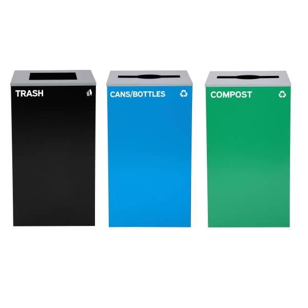 Alpine Industries Stainless-Steel Open Top Cans/Bottles Recycling, Compost And Trash Can Set With Square And Mixed Lids, 29 Gallons, 30inH x 16-15/16inW x 16-15/16inD, Black/Blue/Green, Set Of 3 Trash Cans