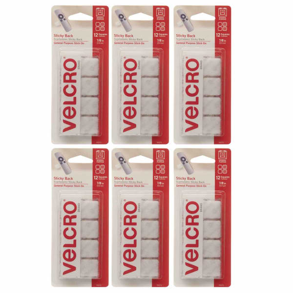 VELCRO Brand STICKY BACK Fasteners, Square, 0.88in, White, 12 Fasteners Per Pack, Set Of 6 Packs