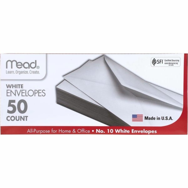 Mead Plain White Envelopes - Business - #10 - 4 1/8in Width x 9 1/2in Length - Gummed - 50 / Box - White