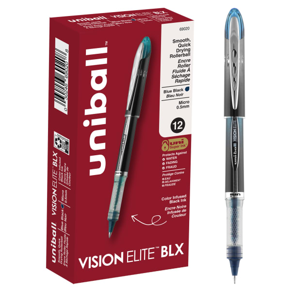 uni-ball Vision Elite BLX Infusion Liquid Ink Rollerball Pens, Micro Point, 0.5 mm, Black Barrel, Black/Blue Ink, Pack Of 12