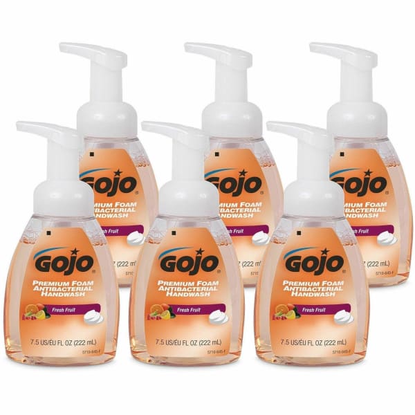 GOJO Premium Foam Antibacterial Hand Wash Soap, Fresh Fruit Scent, 7.5 Oz, Carton Of 6 Pump Bottles