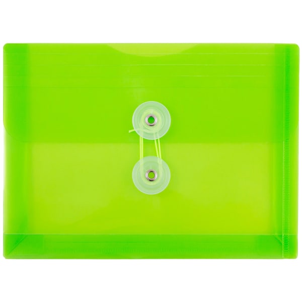 JAM Paper Index Booklet Plastic Envelopes, 5 1/2in x 7 1/2in, Button & String Closure, Lime Green, Pack Of 12