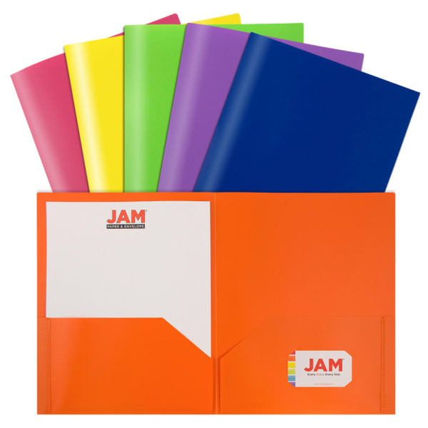JAM Paper POP Plastic 2-Pocket School Folders, 9-1/2in x 11-1/2in, Assorted Primary, Pack Of 6 Folders