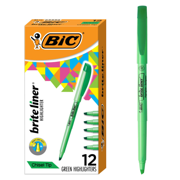 BIC Brite Liner Highlighters, Pocket Style, Chisel Tip, Green, Box Of 12