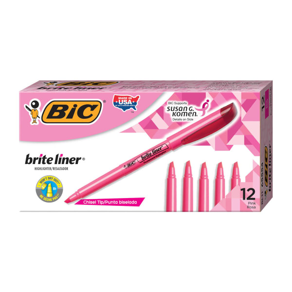 BIC Brite Liner Highlighters, Chisel Tip, Pink Box Of 12
