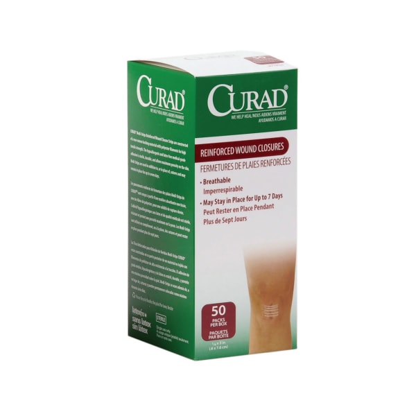 CURAD Sterile Medi-Strips Reinforced Wound Closures, 1/4in x 3in, White, 3 Per Pack, Box Of 50 Packs