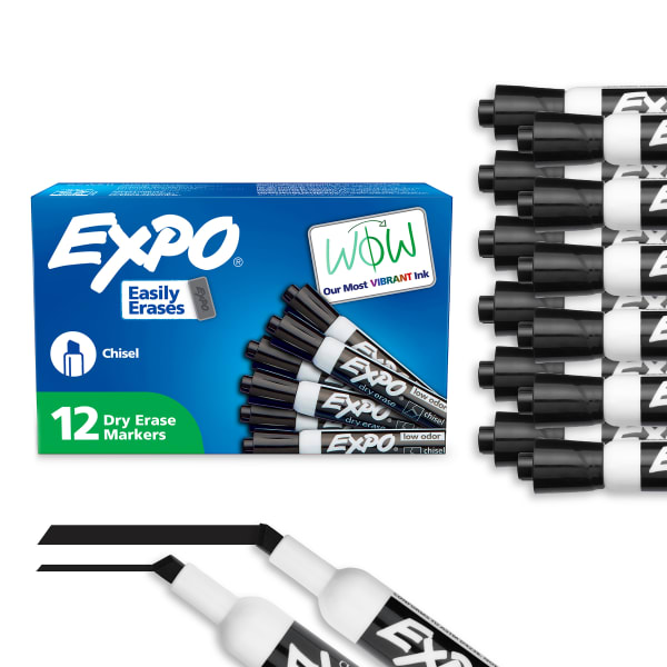 EXPO Low-Odor Dry-Erase Markers, Chisel Tip, Black, Pack Of 12