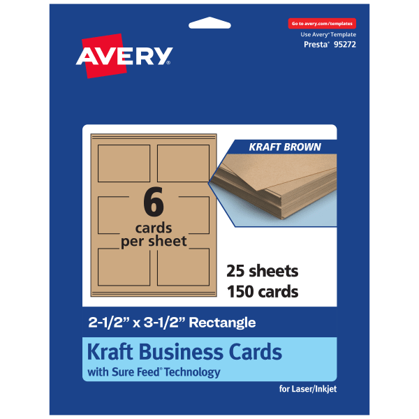 Avery Printable Business Cards With Sure Feed Technology, 95272-KMC25, Rectangle, 2.5in x 3.5in, Kraft Brown, Pack Of 150