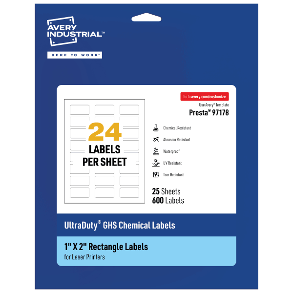 Avery Ultra Duty Permanent GHS Chemical Labels, 97178-WMU25, Rectangle, 1in x 2in, White, Pack Of 600