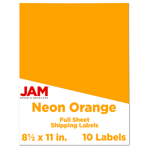 JAM Paper Full-Page Mailing And Shipping Labels, Rectangle, 8 1/2in x 11in, Neon Orange, Pack Of 10