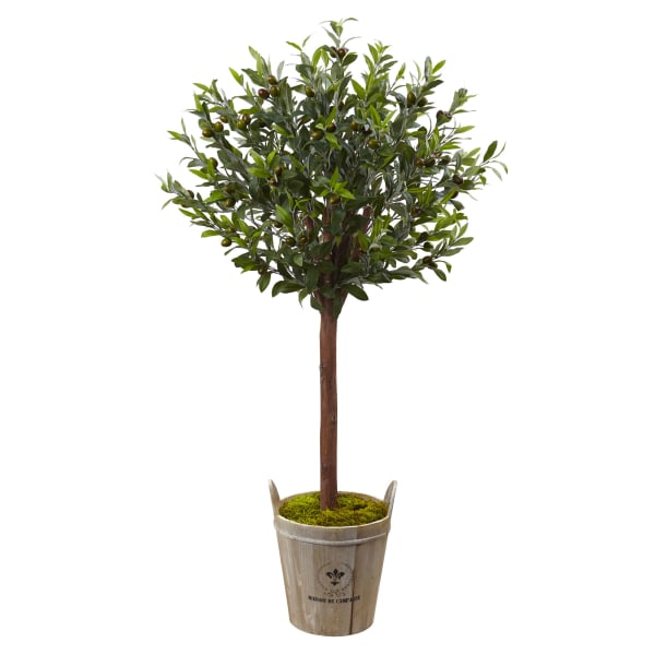 Nearly Natural 54in Olive Topiary Tree With European Barrel Planter, Green/Brown