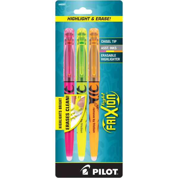 Pilot FriXion Light Erasable Highlighters, Pack of 3, Chisel Tip, Assorted Colors