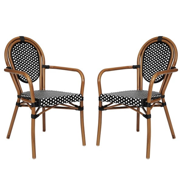 Flash Furniture 2 Pack Lourdes Indoor/Outdoor Commercial Thonet Bistro Stacking Chair with Arms, PE Rattan and Aluminum Frame, Black & White/Natural Frame