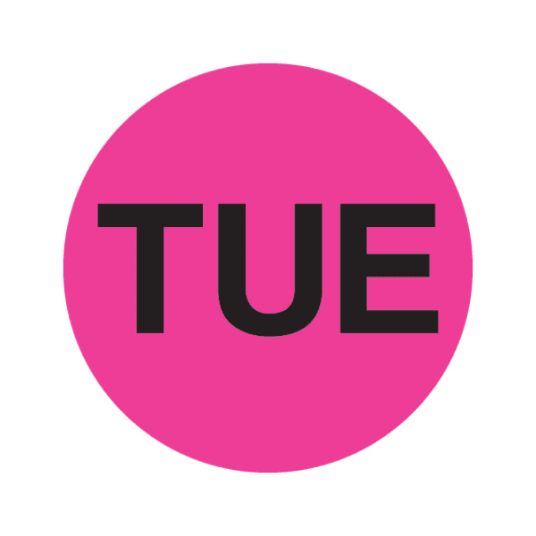 Tape Logic Permanent Inventory Label Roll, DL6511, Weekday-Style, "TUE," 1in Diameter, Pink, Roll Of 500