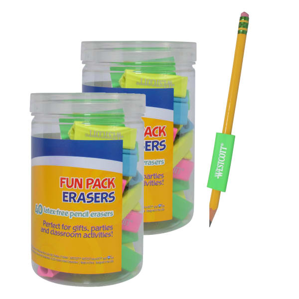 Westcott Erasers Fun Pack, Assorted Colors, 40 Per Pack, Set Of 2 Packs