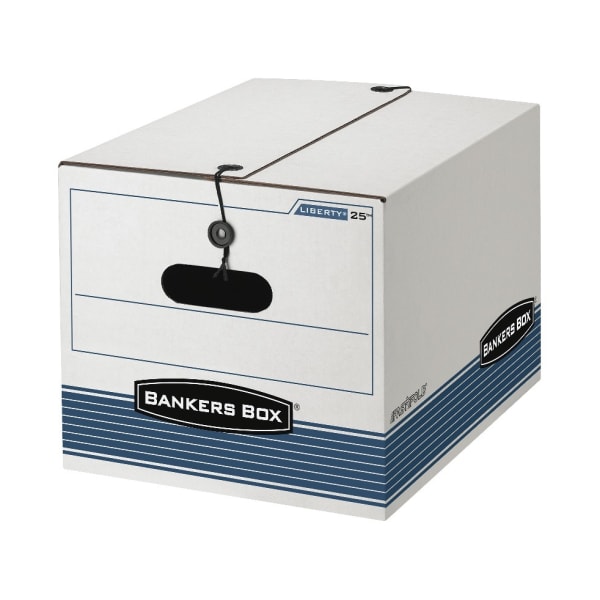 Bankers Box Stor/File Storage File Boxes With String & Button Closures And FastFold Assembly, Letter/Legal Size, 10-1/4in x 12in x 15.5in, White/Blue, Case Of 12