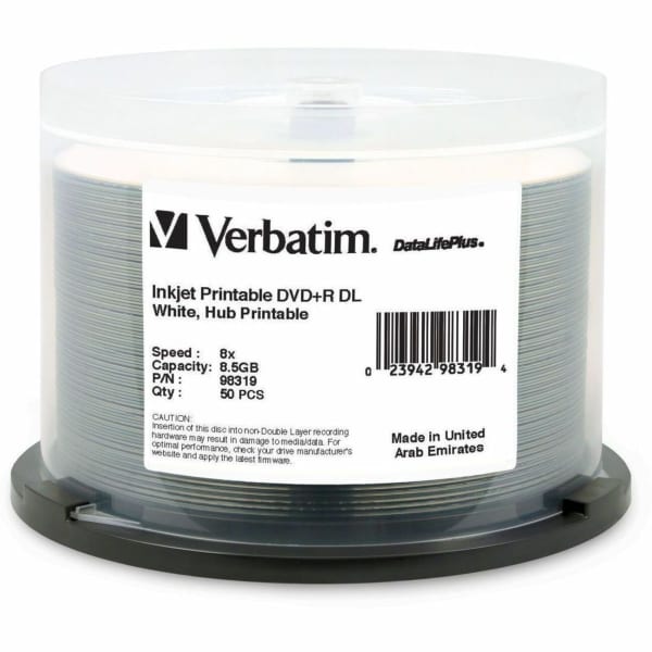 Verbatim DataLifePlus DVD+R Printable Disc Spindle, White, Pack Of 50