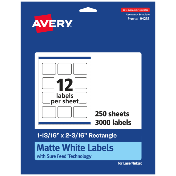 Avery Permanent Labels With Sure Feed, 94233-WMP250, Rectangle, 1-13/16in x 2-3/16in, White, Pack Of 3,000