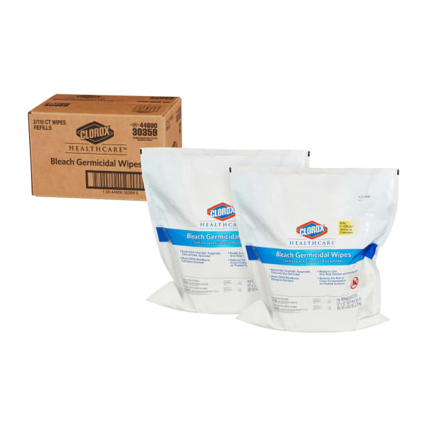 Clorox Healthcare Bleach Germicidal Wipes, 12in x 12in, White, 110 Wipes Per Pack, Case Of 2 Packs