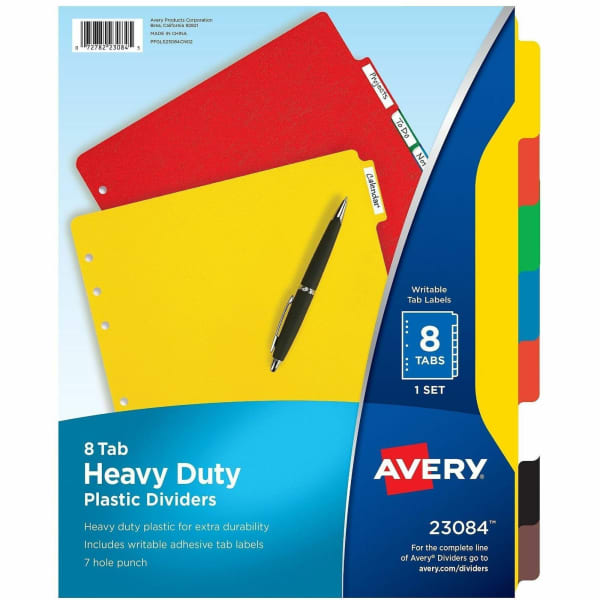 Avery Heavy-Duty Plastic Dividers, 8-1/2in x 11in, 30% Recycled, Set of 8