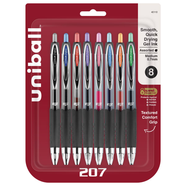 uni-ball 207 Retractable Fraud Prevention Gel Pens, Medium Point, 0.7 mm, Black Barrels, Assorted Ink Colors, Pack Of 8