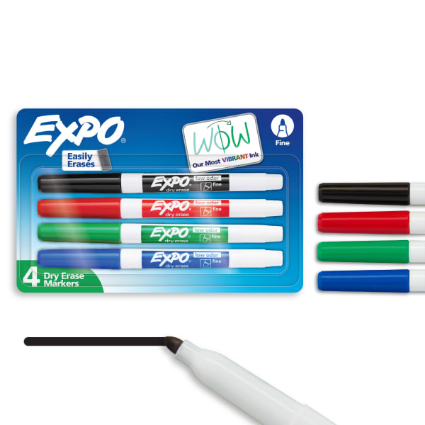 EXPO Low-Odor Dry-Erase Markers, Fine Point, Assorted Colors, Pack Of 4