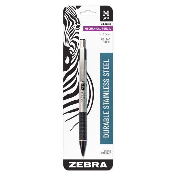 Zebra Pen M-301 Stainless Steel Mechanical Pencil, Fine Point, 0.5 mm, Silver/Black Barrel