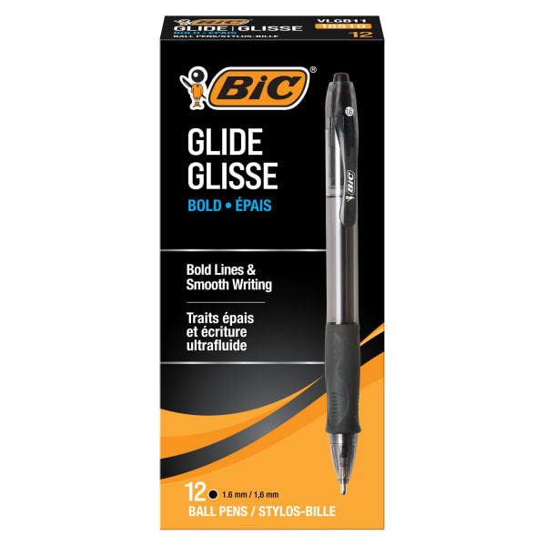 BIC Glide Bold Ballpoint Pens, Bold Point, 1.6 mm, Translucent Barrel, Black Ink, Pack Of 12 Pens
