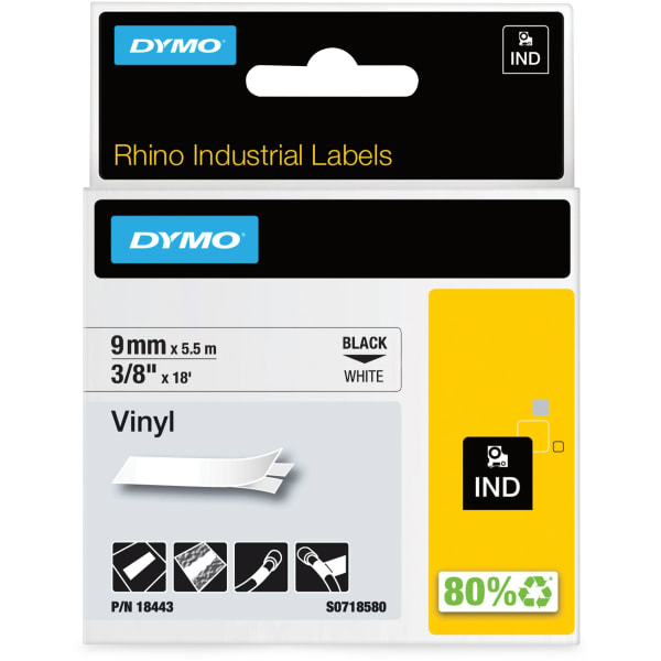 Dymo Rhino Industrial Vinyl Labels - 23/64in Width x 18 3/64 ft Length - Permanent Adhesive - Rectangle - Thermal Transfer - Black on White - Vinyl - Scratch Resistant, Oil Resistant - 1 Each