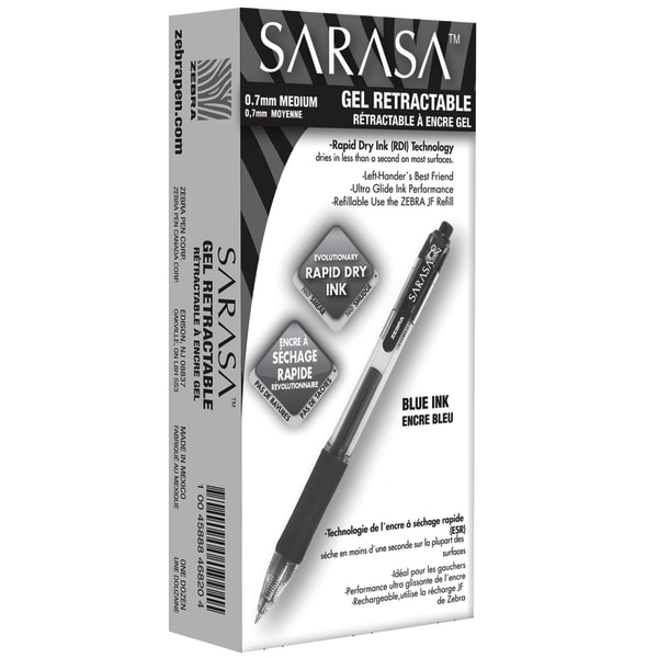 Zebra Pen SARASA Retractable Gel Pens, Pack Of 12, Medium Point, 0.7 mm, Clear Barrel, Blue Ink