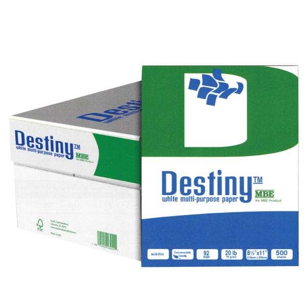 Destiny Multi-Use Printer & Copy Paper, 10 Reams, White, Letter (8.5in x 11in), 5000 Sheets Per Case, 20 Lb, 92 Brightness