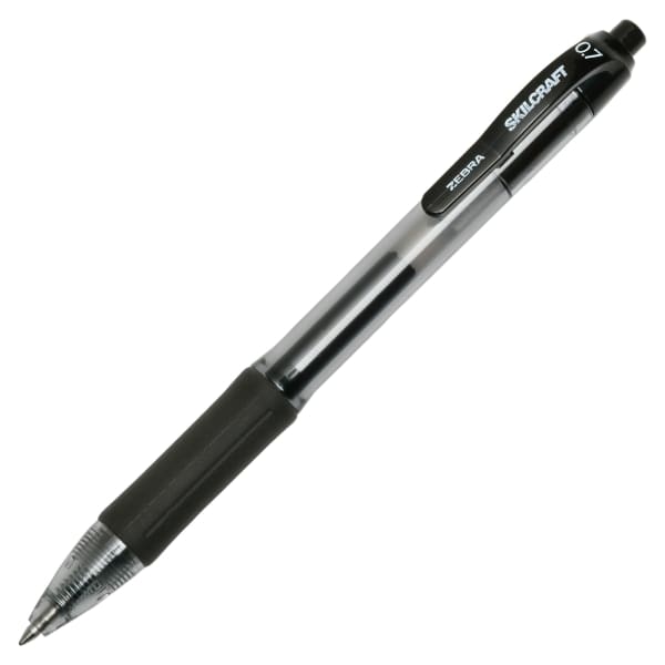 SKILCRAFT Zebra Gel-Ink Retractable Rollerball Pens, 0.7 mm, Medium Point, Black Barrel, Black Ink, Pack Of 12 (AbilityOne 7520-01-647-3133)