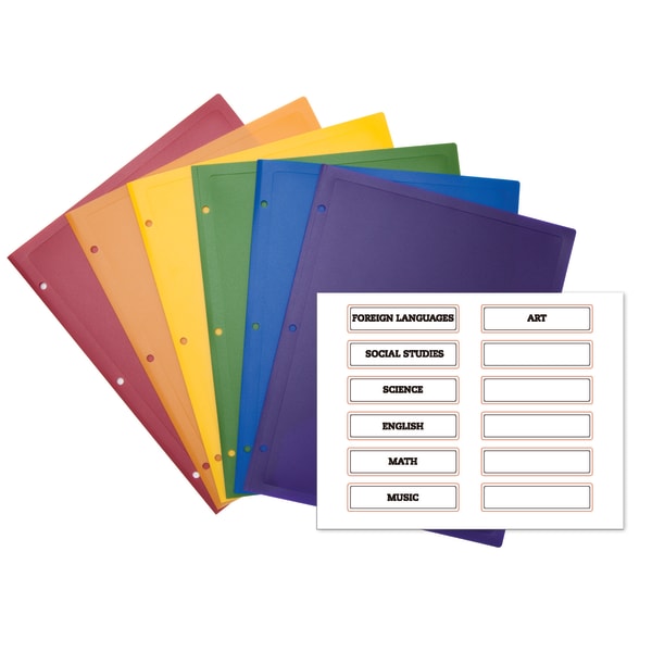 Office Depot Brand 2-Pocket Poly Portfolios With Subject Labels, Letter Size, Assorted Colors, Pack Of 6