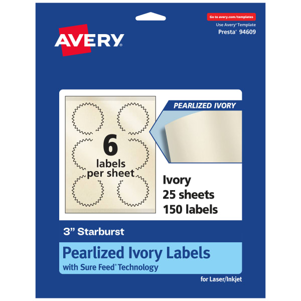 Avery Pearlized Permanent Labels With Sure Feed, 94609-PIP25, Starburst, 3in, Ivory, Pack Of 150 Labels