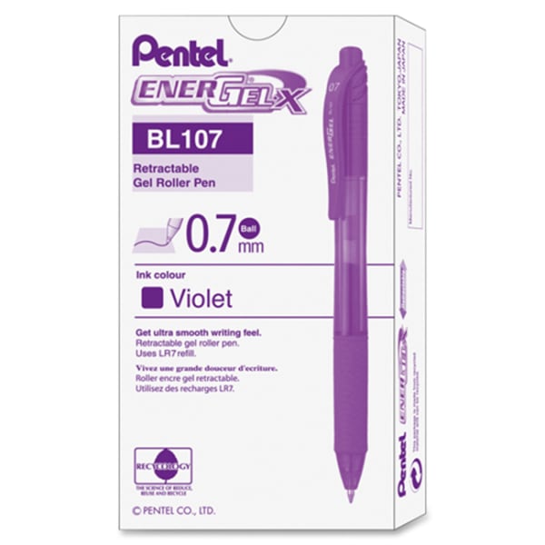 Pentel EnerGel-X Retractable Roller Gel Pens, Medium Point, 0.7 mm, 84% Recycled, Violet Barrel, Violet Ink, Pack Of 12 Pens