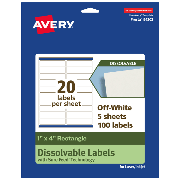 Avery Dissolvable Labels With Sure Feed Technology, 94202-DWMP5, Rectangle, 1inx4in, Matte Off-White, Pack Of 100