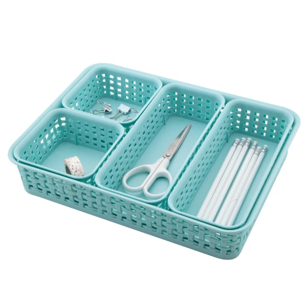 Realspace Plastic Weave Bin Set, Assorted Sizes, Blue, Pack Of 5
