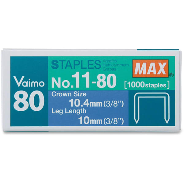 MAX Vaimo 80 Stapler Replacement Staples - 3/8in Leg - 3/8in Crown - Silver - 1000 / Box