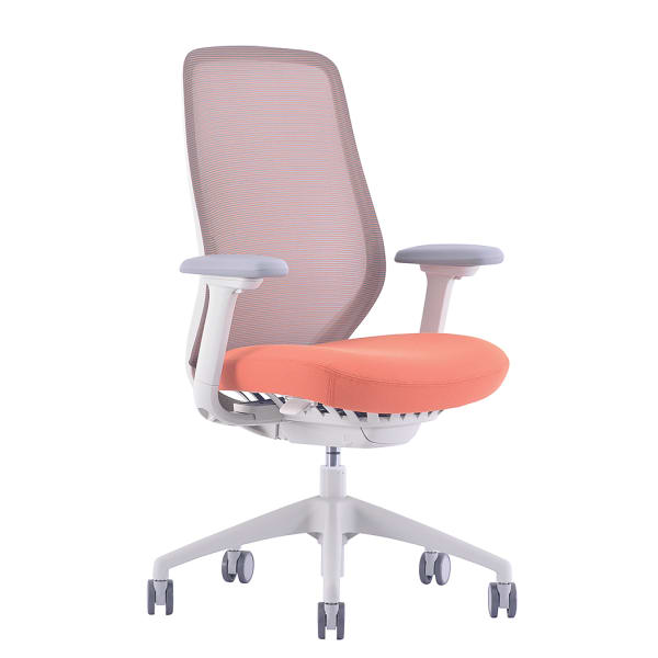 WorkPro 6000 Series Multifunction Ergonomic Mesh/Fabric High-Back Executive Chair, White Frame/Orange Seat, BIFMA Compliant